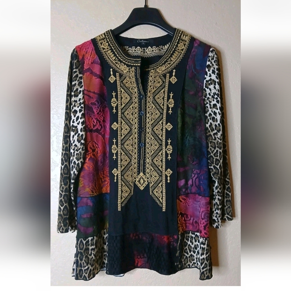 CALESSA Black and Gold Embroidered Blouse Size L